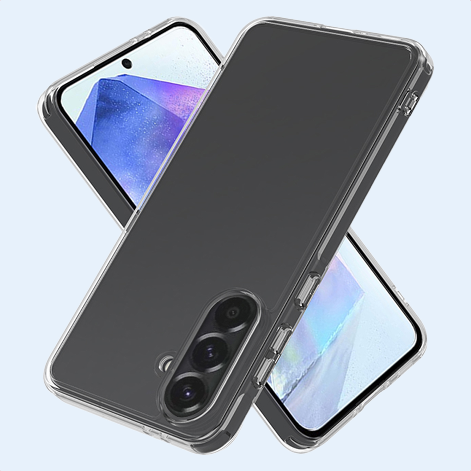 Due custodie trasparenti per telefono con fotocamere su sfondo chiaro.