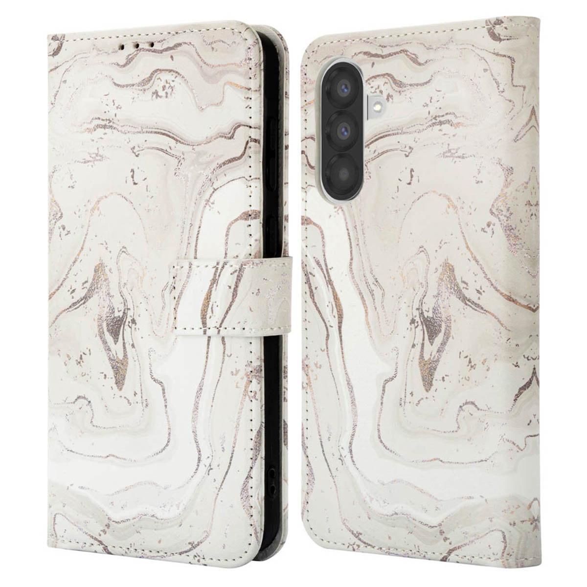 Étui de téléphone à rabat blanc motif marbre, veines or rose.