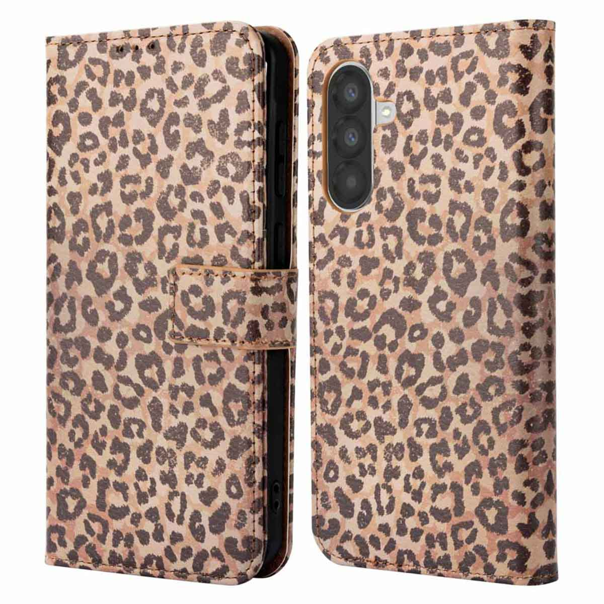Étui de téléphone marron imprimé léopard avec module caméra.