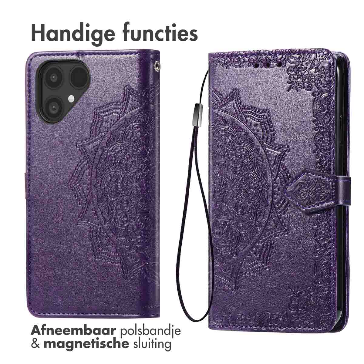 Paarse telefoonhoes met reliëf mandala, afneembare polsband en magnetische sluiting.