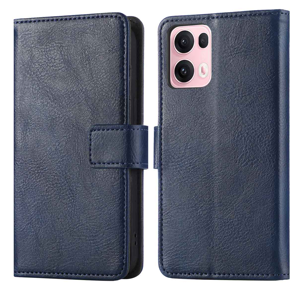 Étui de téléphone bleu foncé avec découpe caméra et fermeture magnétique.