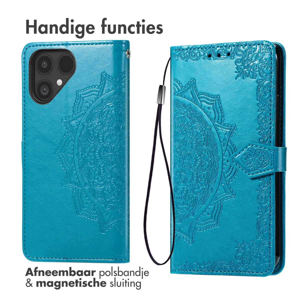 Turquoise telefoonhoes met reliëf mandala patroon en afneembaar bandje.