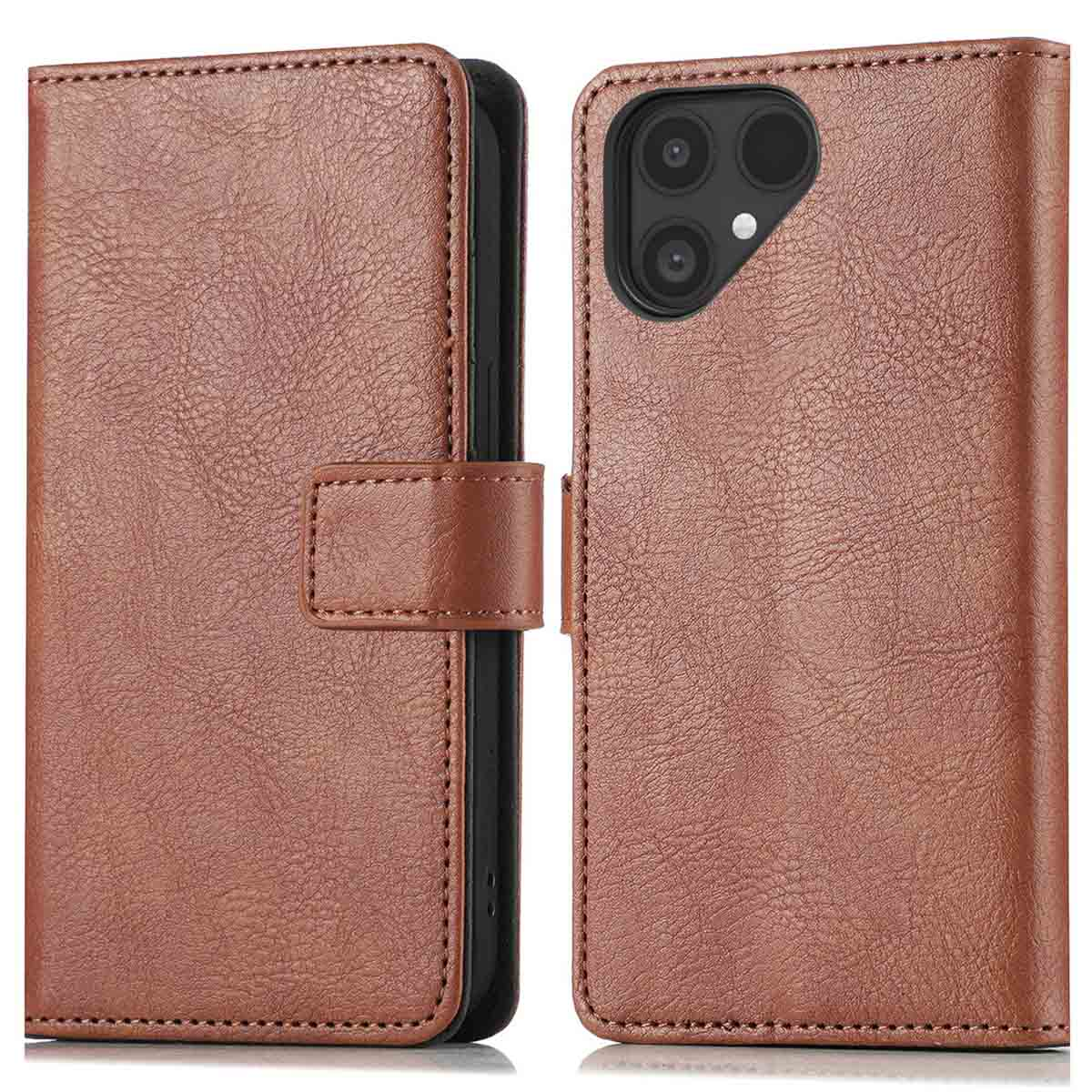 Un étui de téléphone en cuir marron avec découpe caméra et fermeture à sangle.