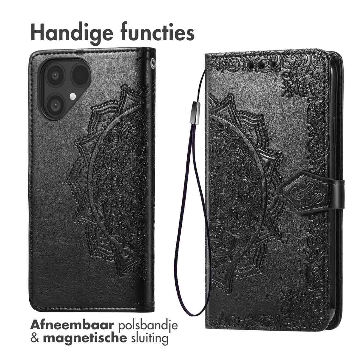 Zwart leren telefoonhoesje met reliëf mandala-ontwerp. Met polsbandje.