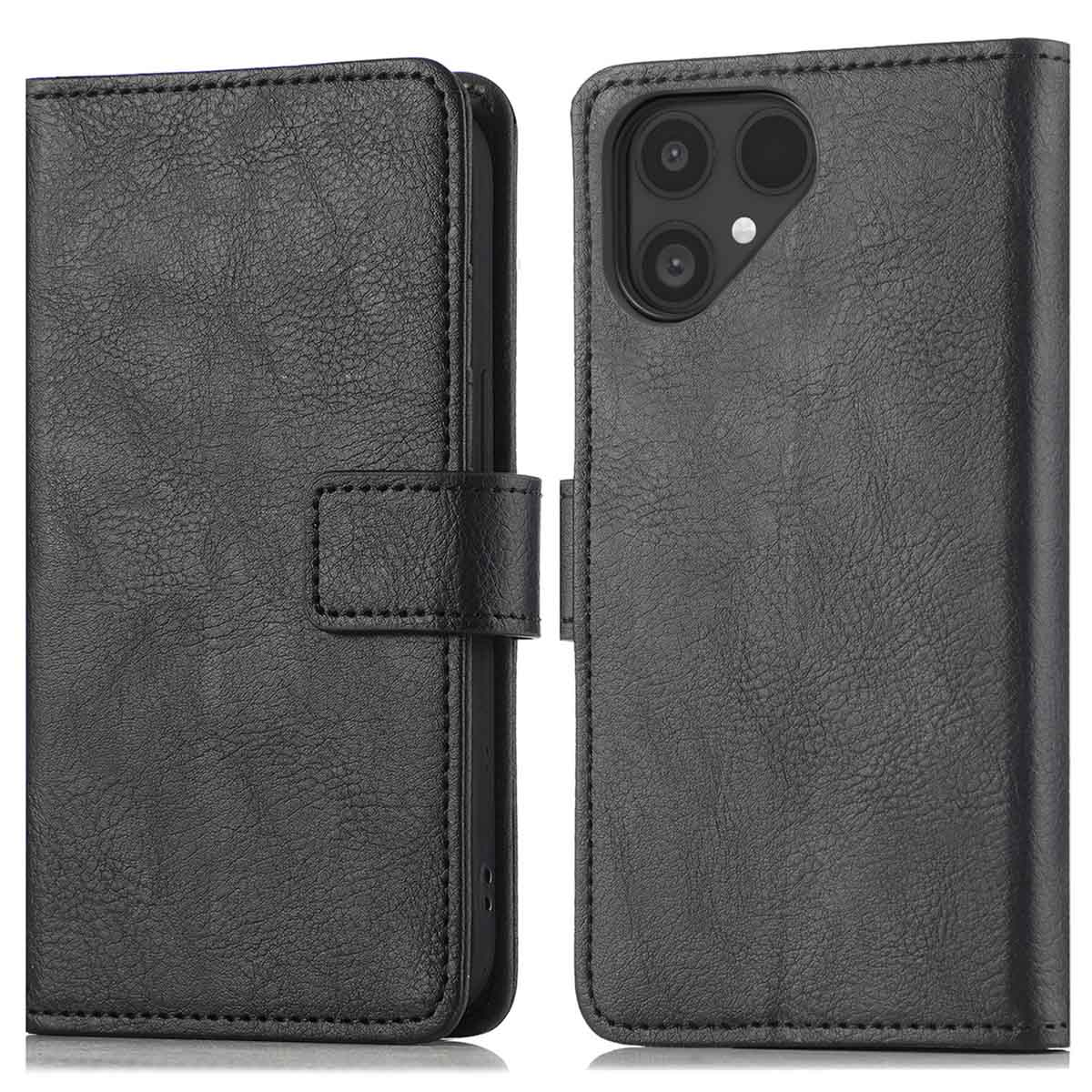 Zwarte leren telefoonhoes met camera-uitsparingen en magneetsluiting.