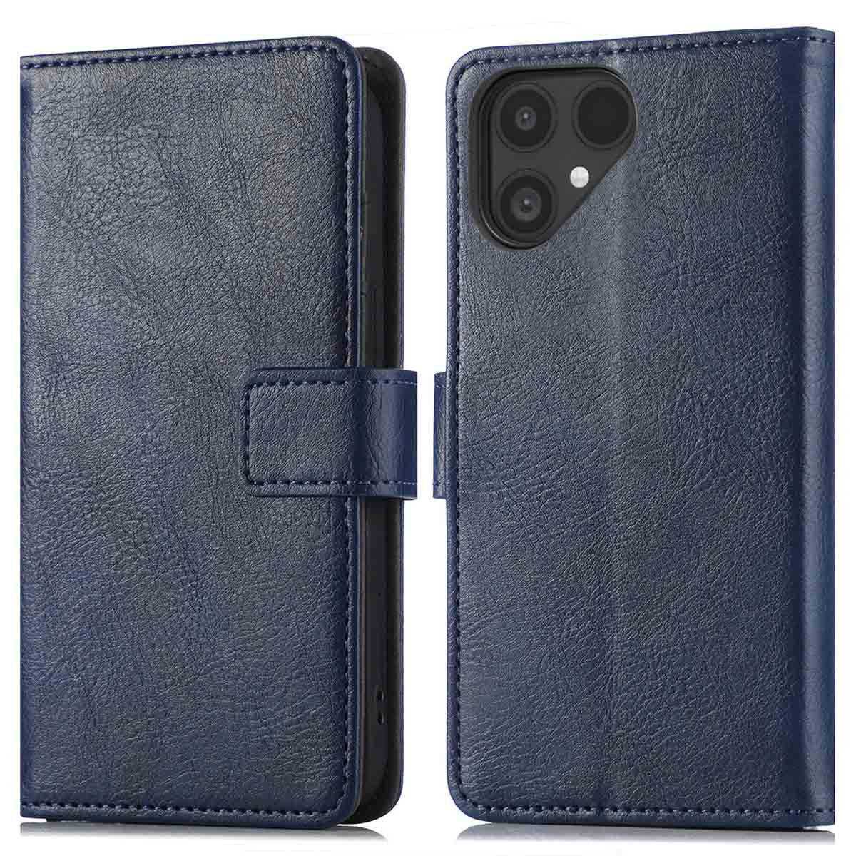 Étui de téléphone en cuir bleu foncé avec découpe pour appareil photo.
