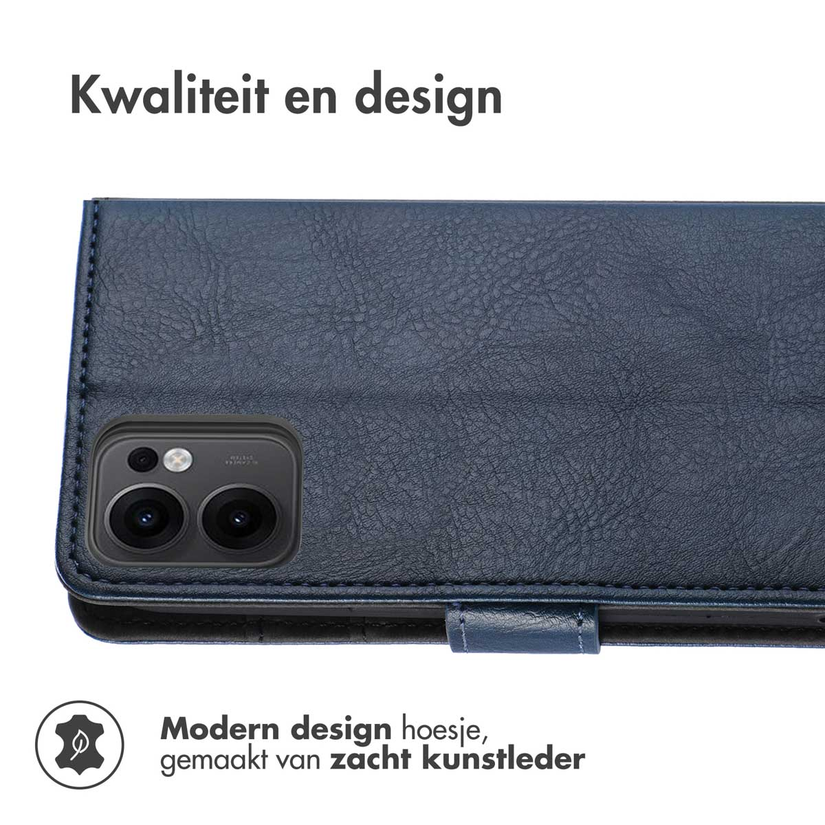Donkerblauwe kunstleren telefoonhoes met camera-uitsparing en tekst.