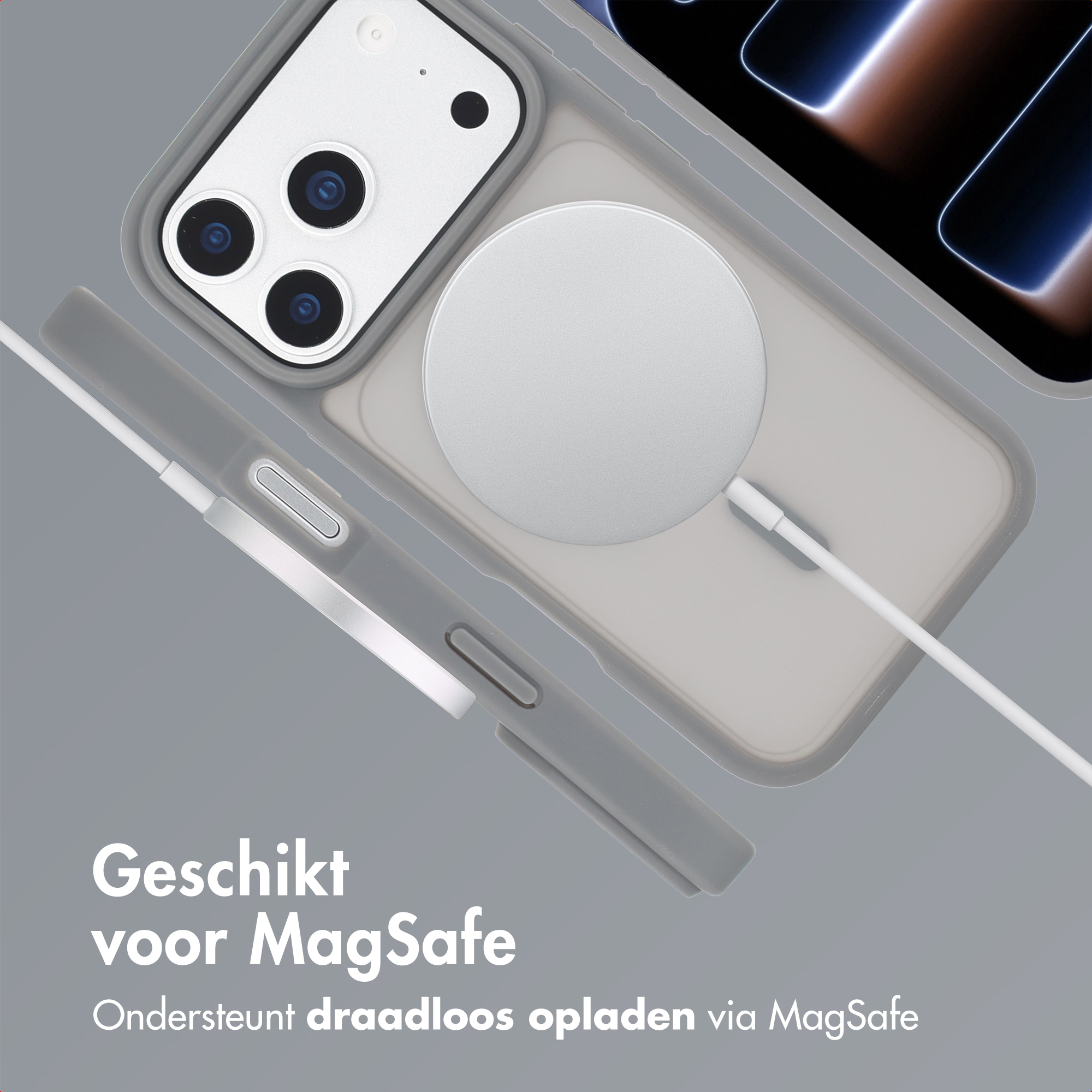 Grijze telefoonhoes met MagSafe oplader en kabel. Scherm toont blauwe lichten.