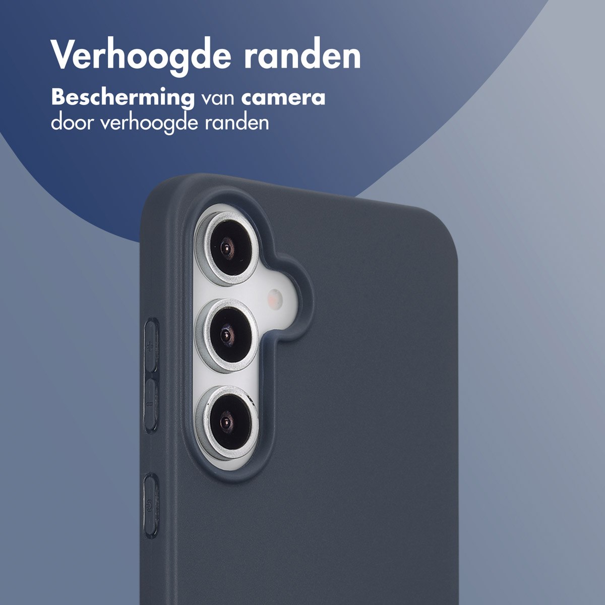 Donkergrijs telefoonhoesje met verhoogde camerabescherming en knoppen.