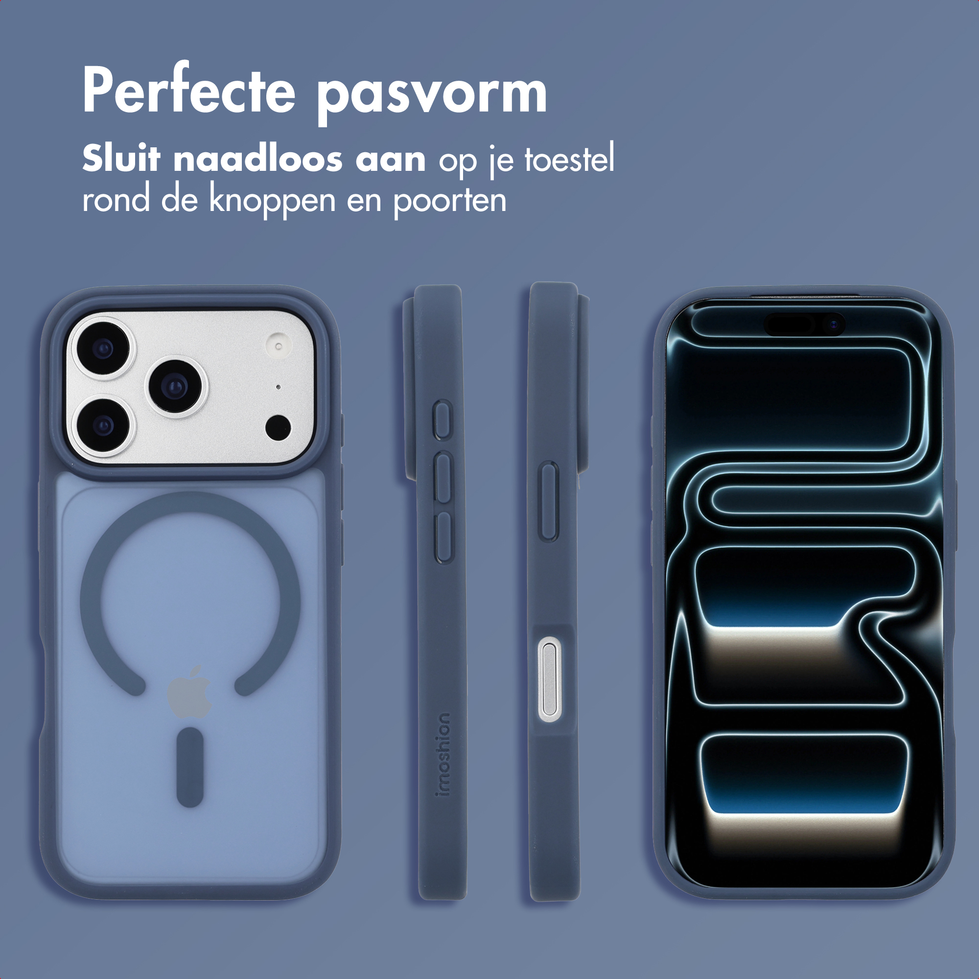 Une coque de téléphone bleue avec caméras et anneau magnétique est montrée.