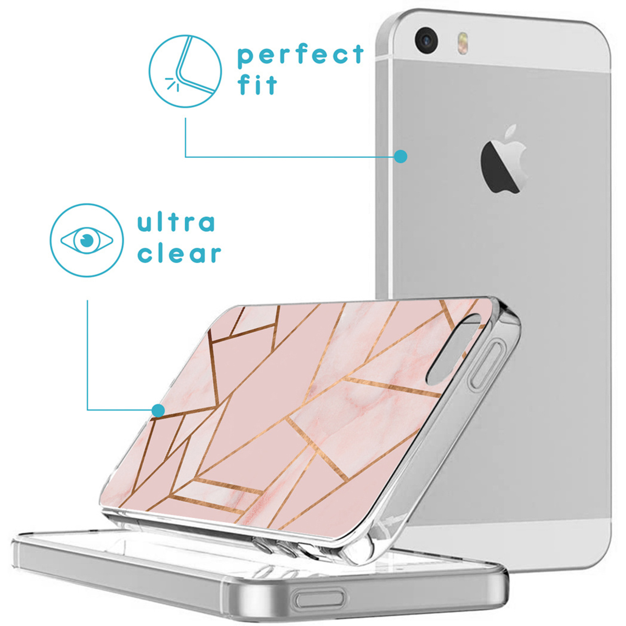 Una custodia rosa in marmo per iPhone con linee dorate poggia su un iPhone.