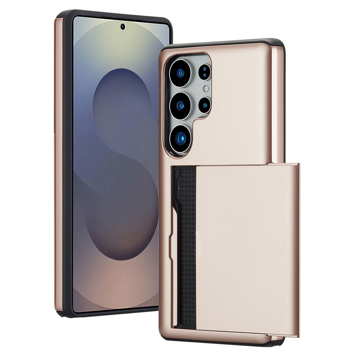 Een roségouden telefoonhoes met kaarthouder en zwarte rand.