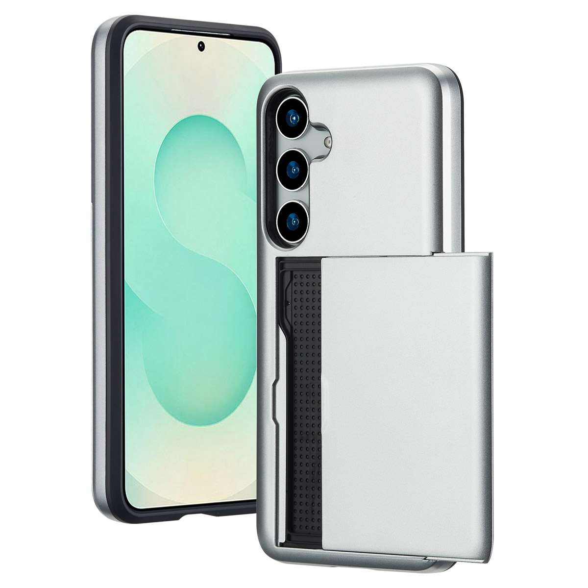 Zilveren smartphone met drievoudige camera en open kaarthouder.