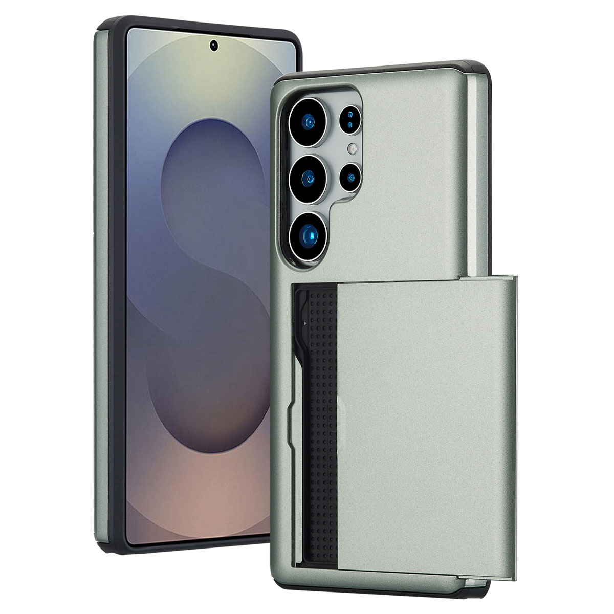 Een telefoon met een groen hoesje en kaarthouder.