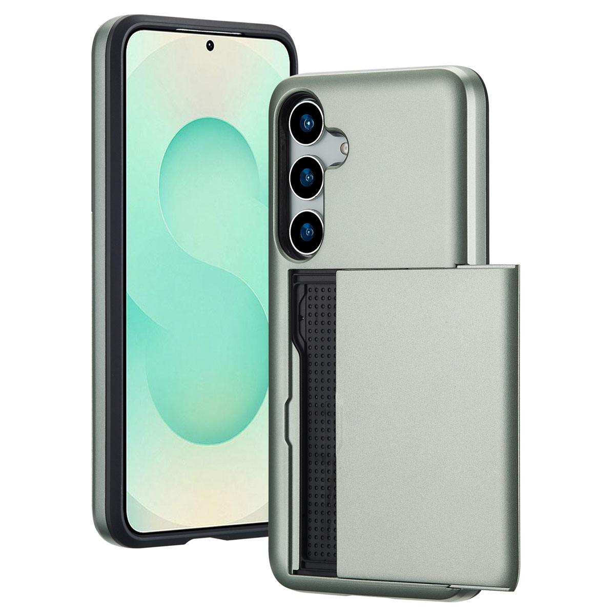 Un smartphone vert avec un emplacement pour carte à l'arrière et trois caméras.