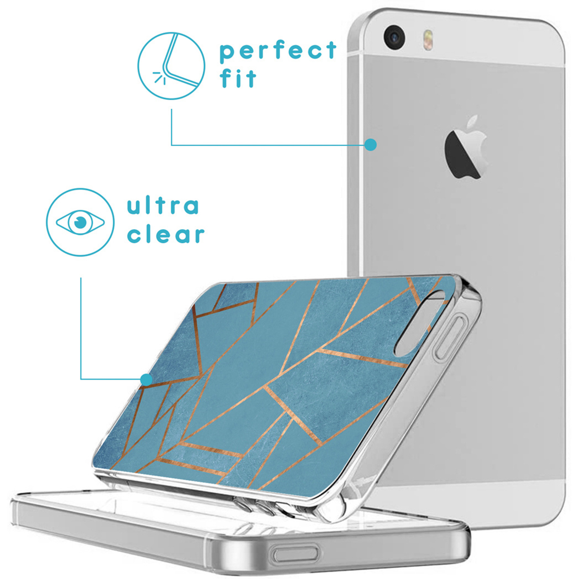 Una custodia trasparente per telefono con motivo a marmo blu e linee dorate.