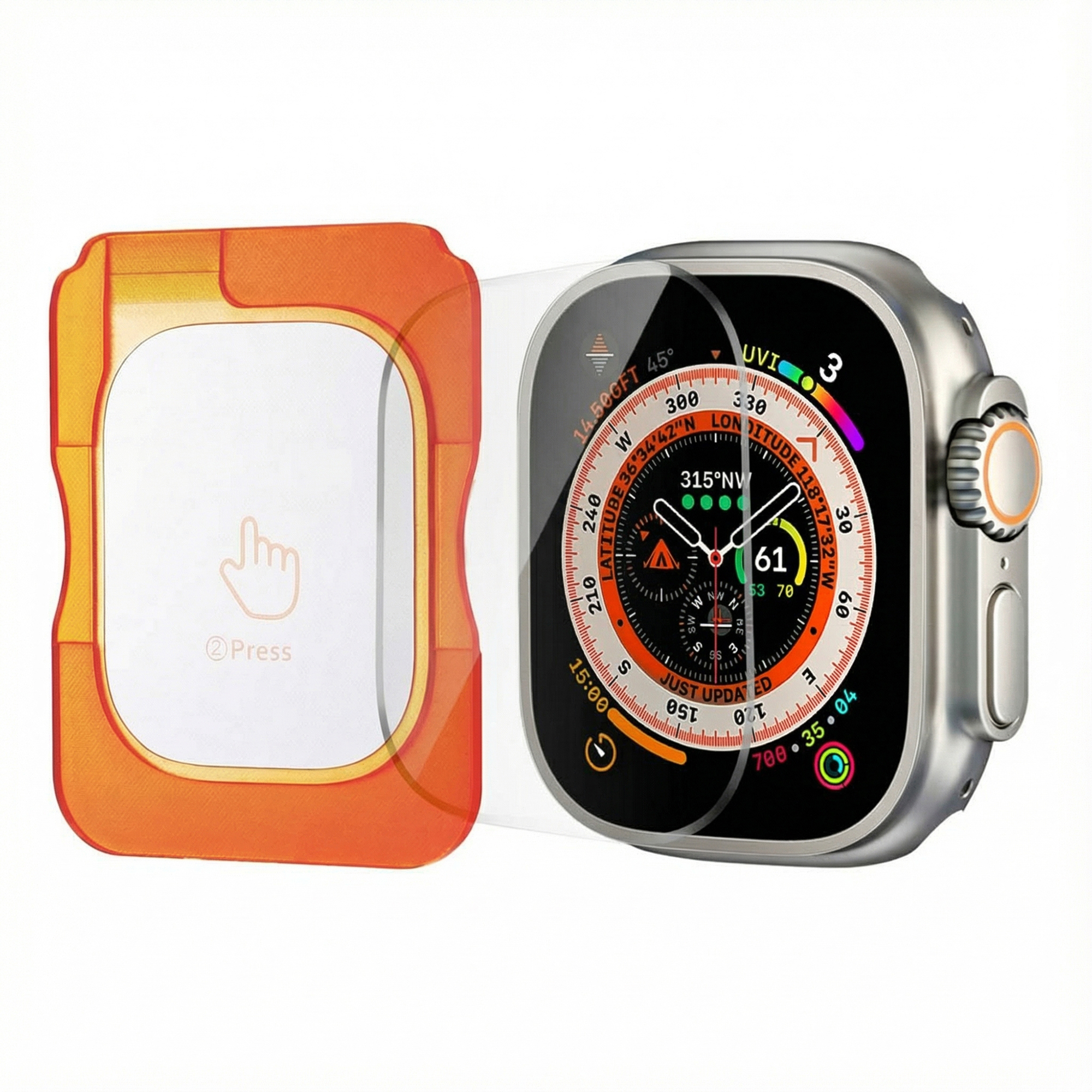 Een oranje beschermhoes ligt naast een smartwatch met kompaswijzerplaat.