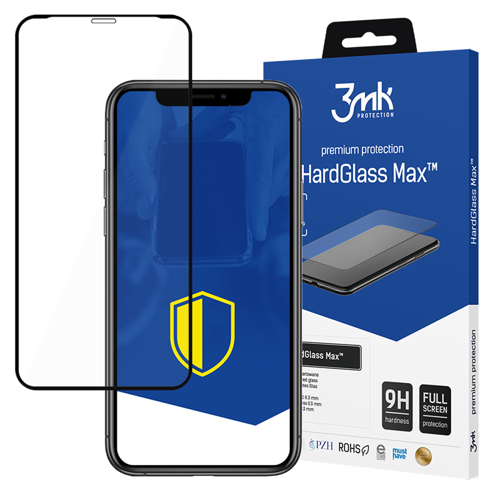 Protezione schermo 3mk HardGlass Max per smartphone, con confezione.