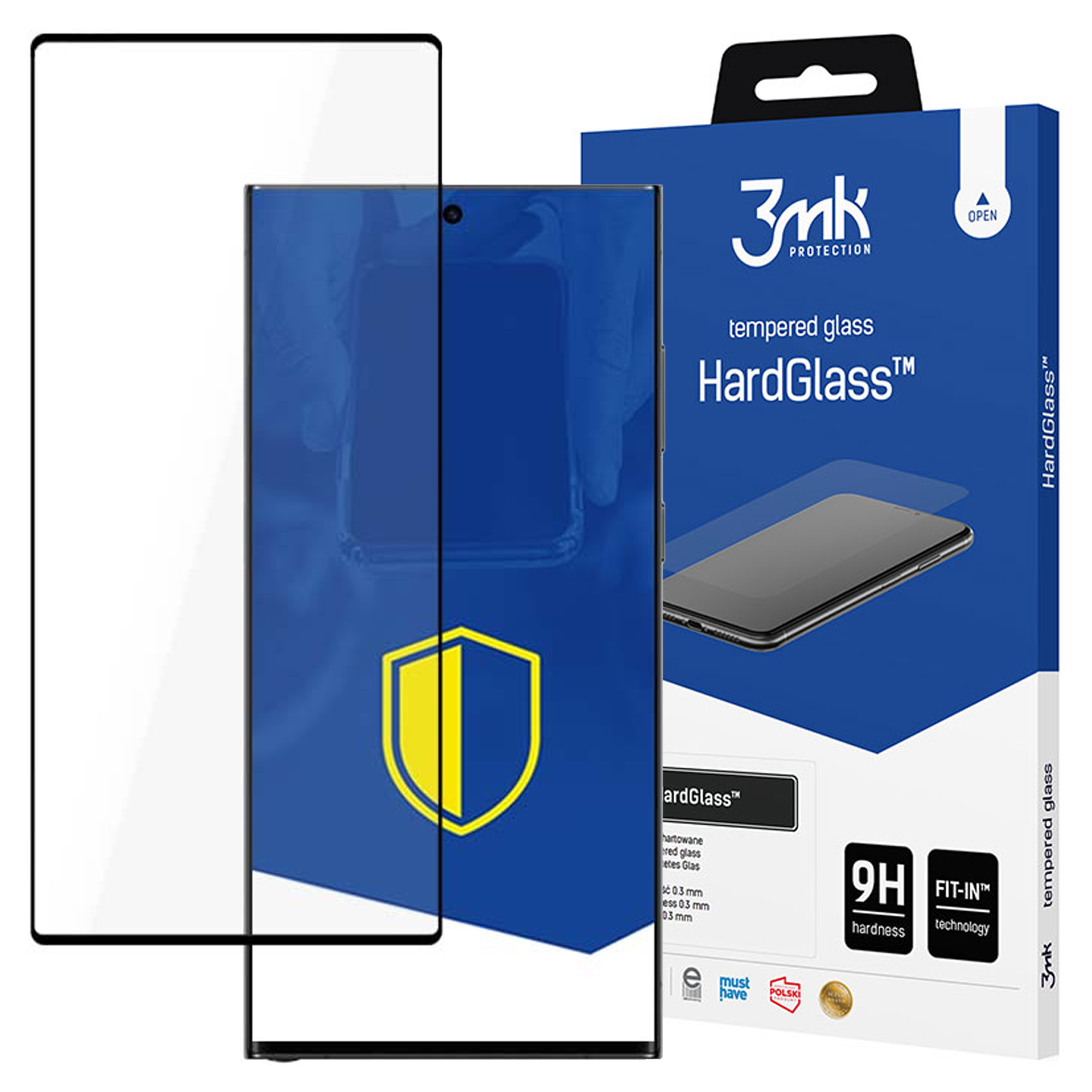 Folia ochronna na ekran smartfona i jej opakowanie. Folia jest przezroczysta, opakowanie niebieskie z białym napisem.