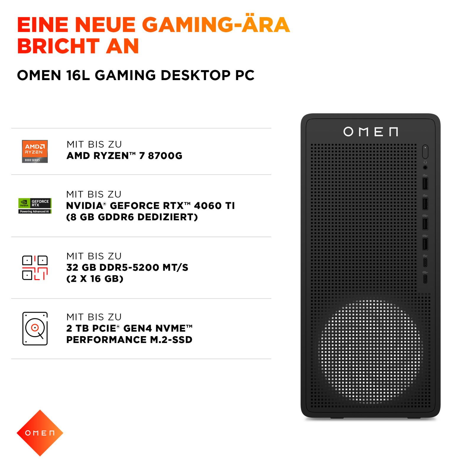 Schwarzer OMEN Gaming-PC mit AMD Ryzen 7 8700G, RTX 4060 Ti, 32 GB RAM, 2 TB SSD.