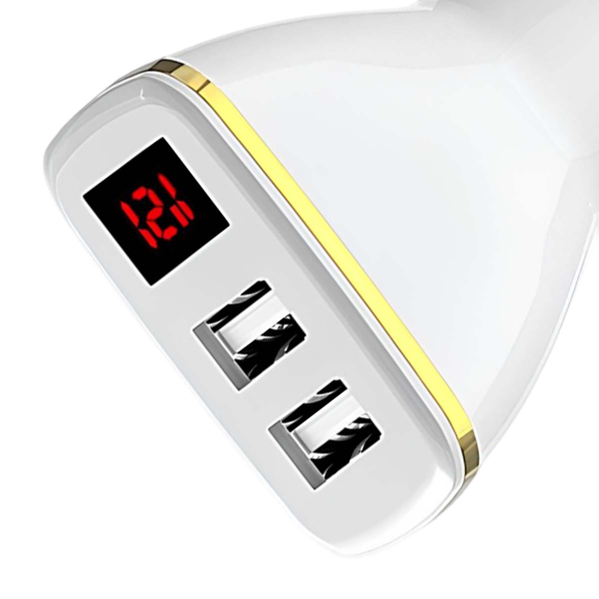 Un caricatore USB bianco con display digitale rosso e due porte USB.