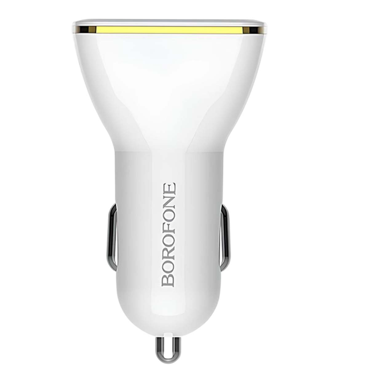 Un caricabatterie per auto Borofone bianco con accenti dorati e spina a U.