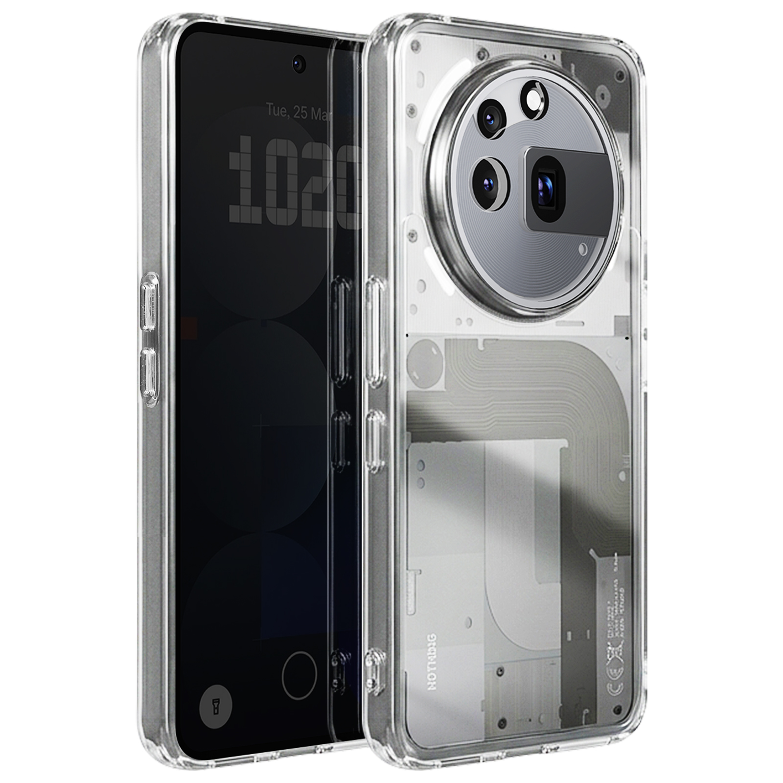 Een transparante smartphone met zichtbare interne componenten en een camera.