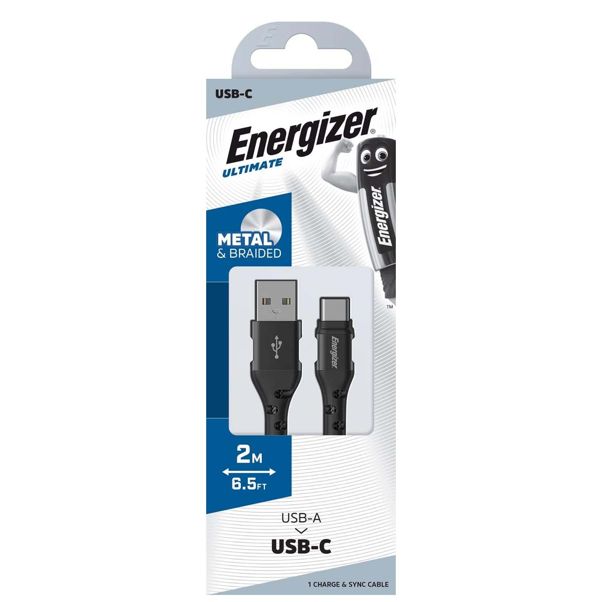 Kabel Energizer USB-C, czarny, 2m, ze złączami USB-A i USB-C.