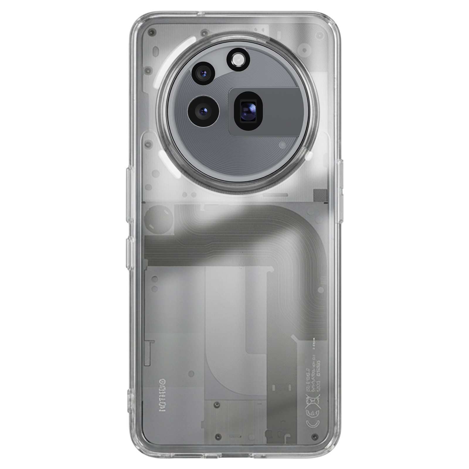Achterkant van een transparante smartphone met zichtbare interne componenten en drie camera's.