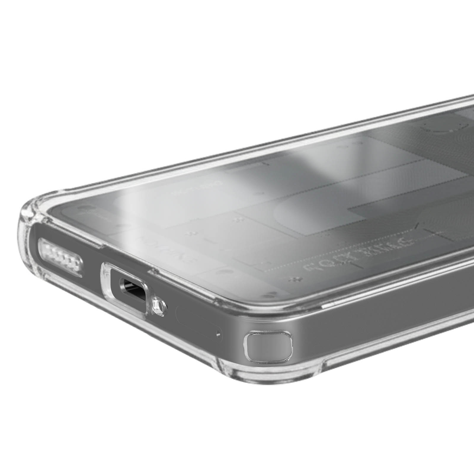Doorzichtige telefoonhoes met de oplaadpoort en speakergrill aan de zijkant.