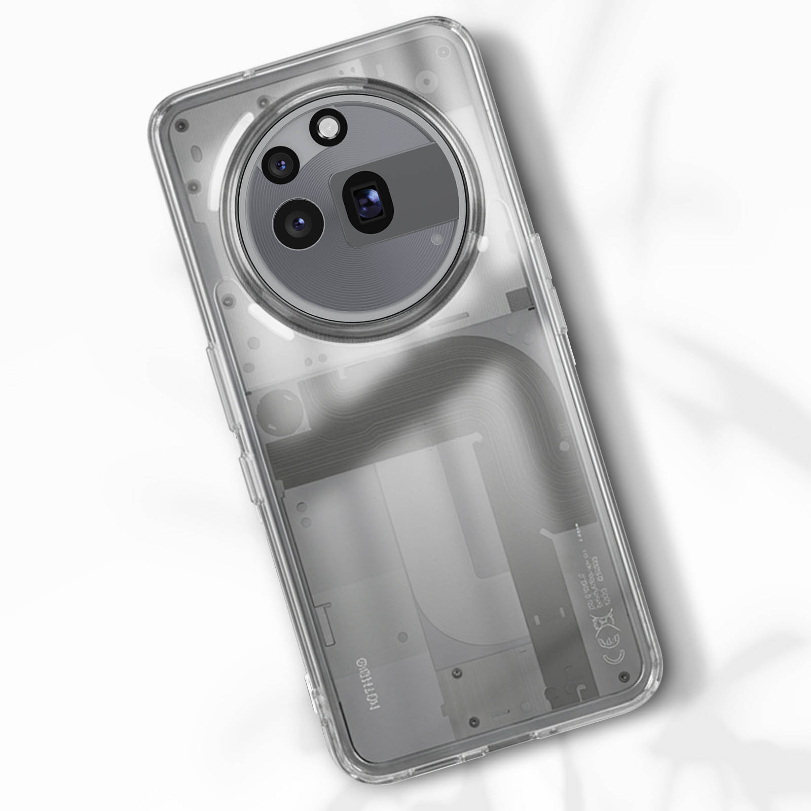 Doorzichtige telefoonhoes met zichtbare interne componenten en een ronde camera-module.