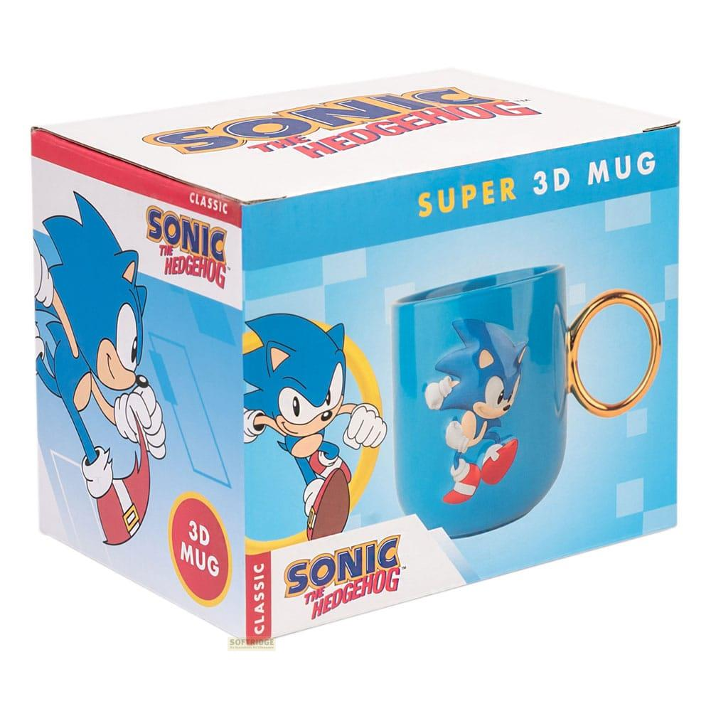 Verpackung für eine blaue Sonic the Hedgehog 3D-Tasse mit Sonic-Grafiken.