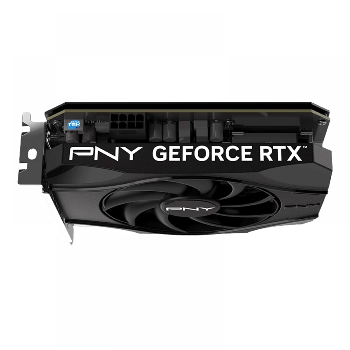 Una tarjeta gráfica PNY GeForce RTX negra con ventilador y conectores.