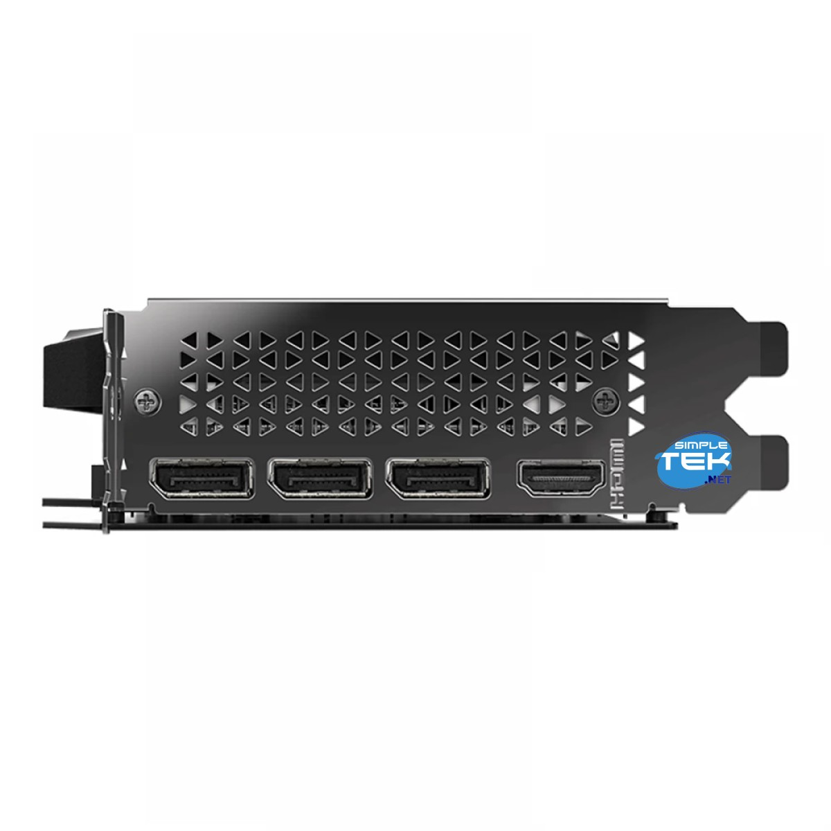 Panel de E/S de tarjeta gráfica negro con tres conectores DisplayPort y un HDMI.