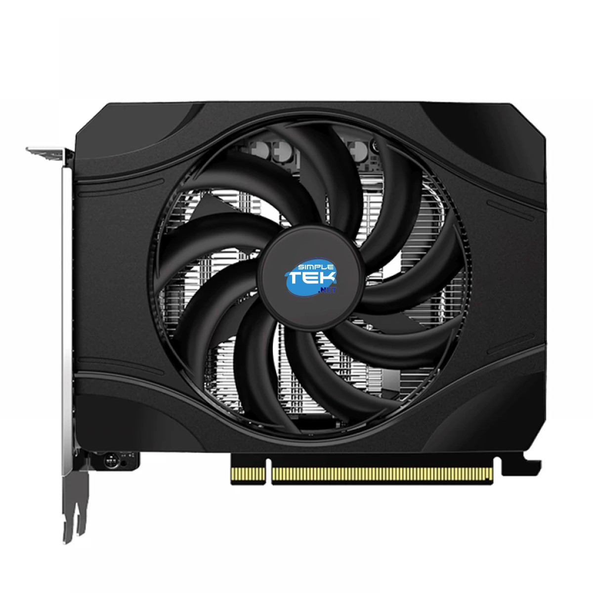 Tarjeta gráfica negra con un ventilador y el logo de Simple Tek.