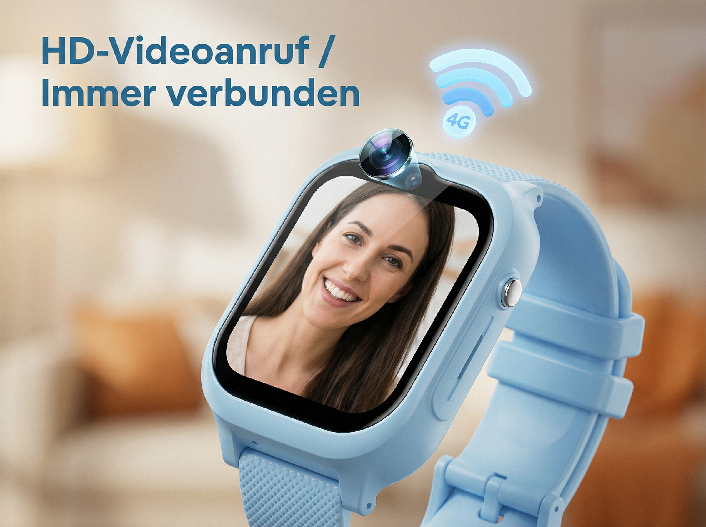 Ein blaues 4G-Smartwatch zeigt ein Lächeln einer Frau auf dem Bildschirm.