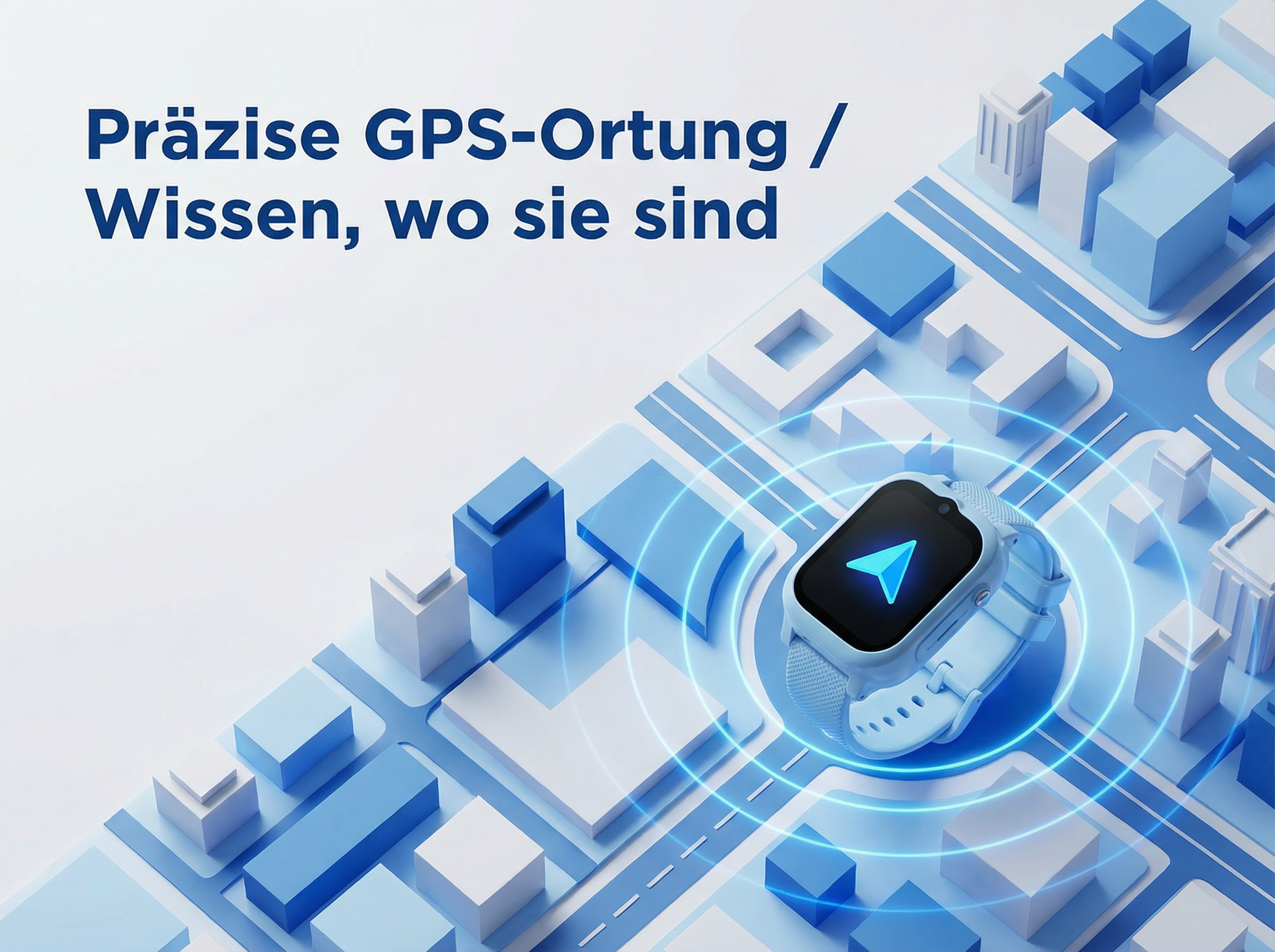 Blaue Smartwatch mit Navigationspfeil auf stilisiertem Stadtplan.