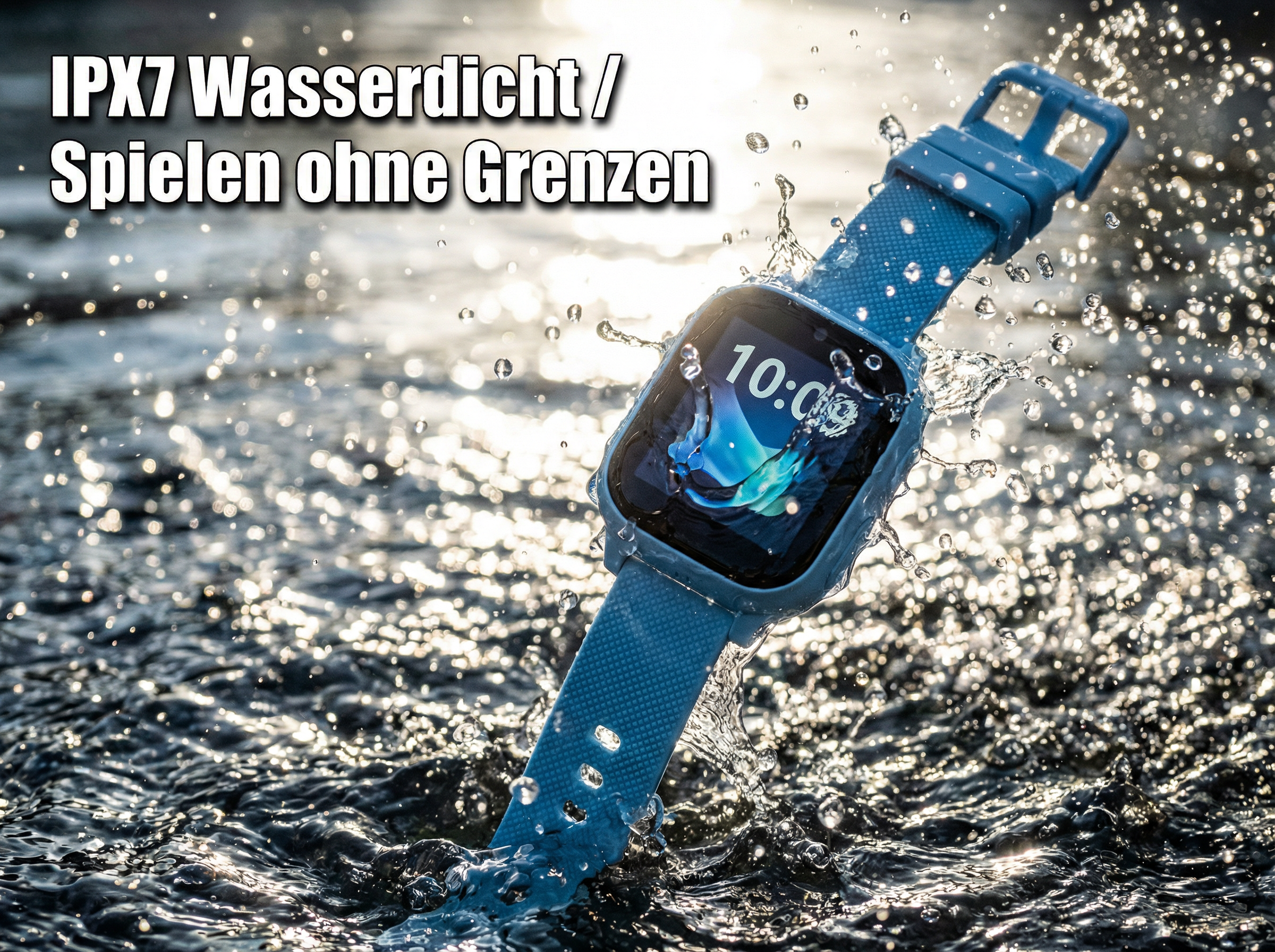 Blaue Smartwatch mit IPX7-Wasserdichtigkeit in Wasserspritzern.