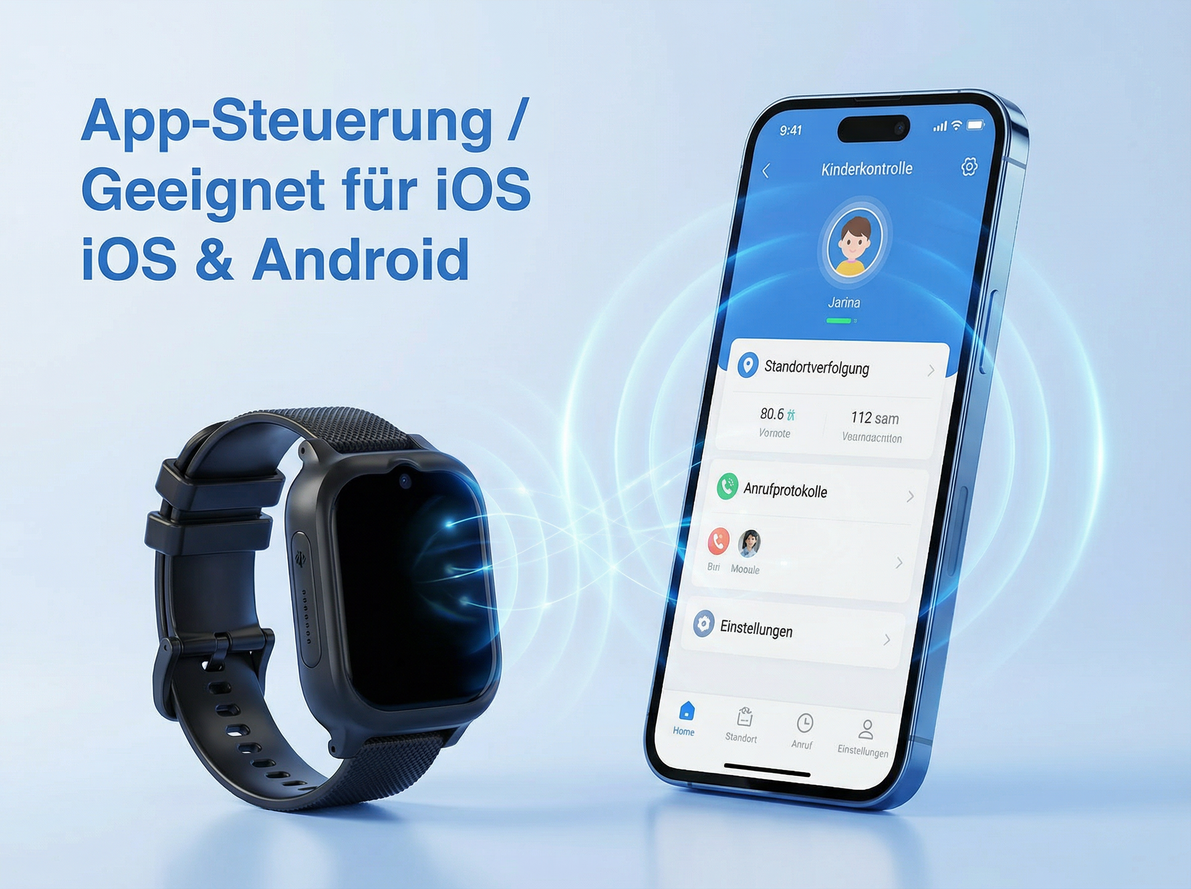 Eine schwarze Smartwatch und ein Smartphone mit Kinderkontroll-App sind zu sehen.