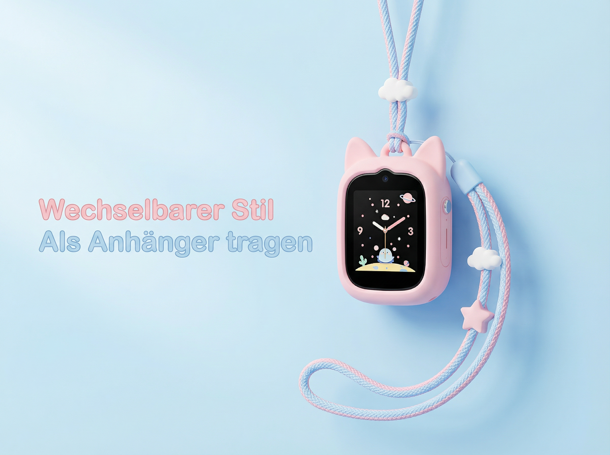 Eine rosafarbene Katzen-Smartwatch mit einem bunten Zifferblatt, hängt an einer Schnur.
