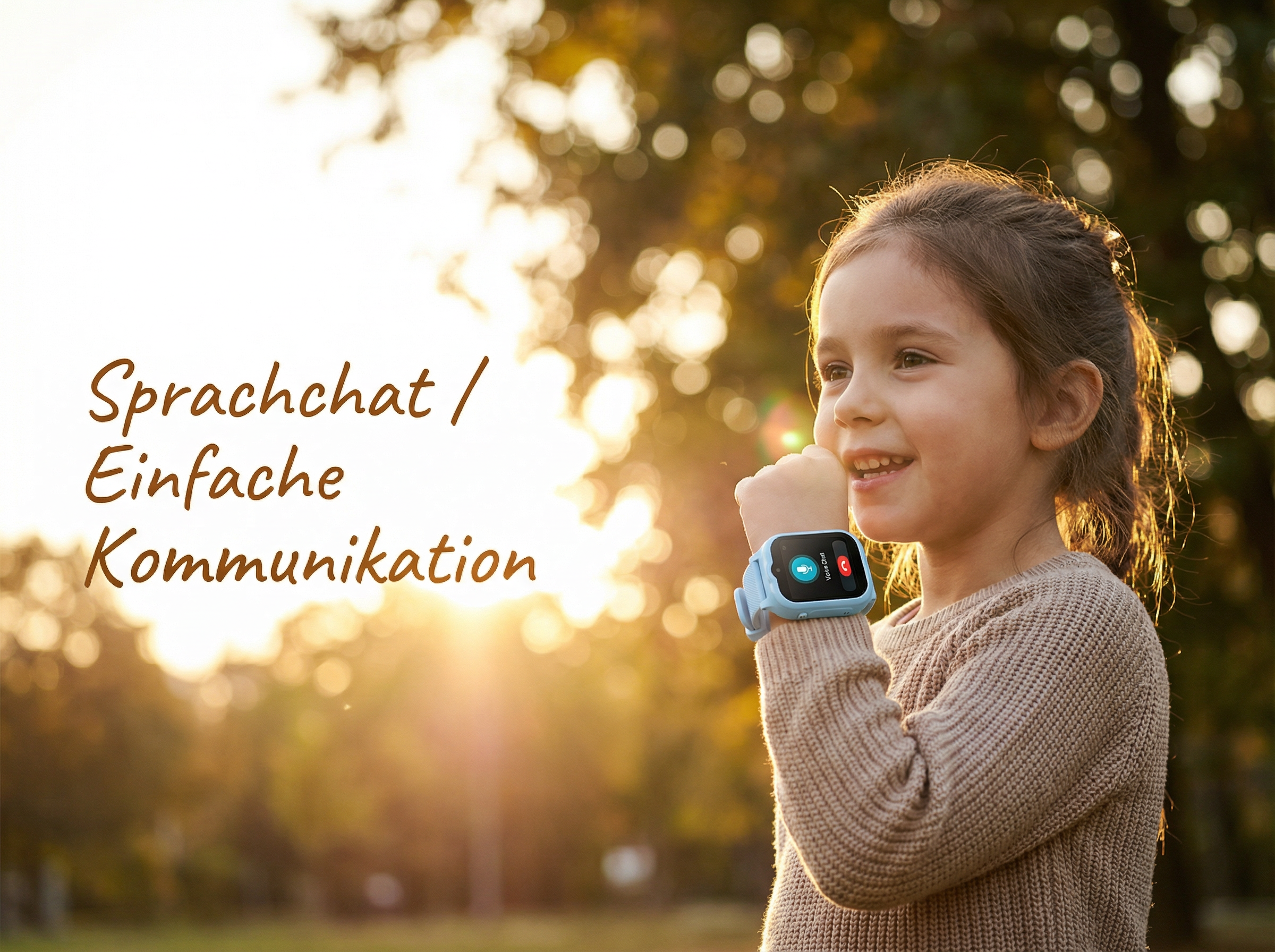 Ein Mädchen trägt eine Smartwatch mit Sprachchat-Symbolen im Freien.