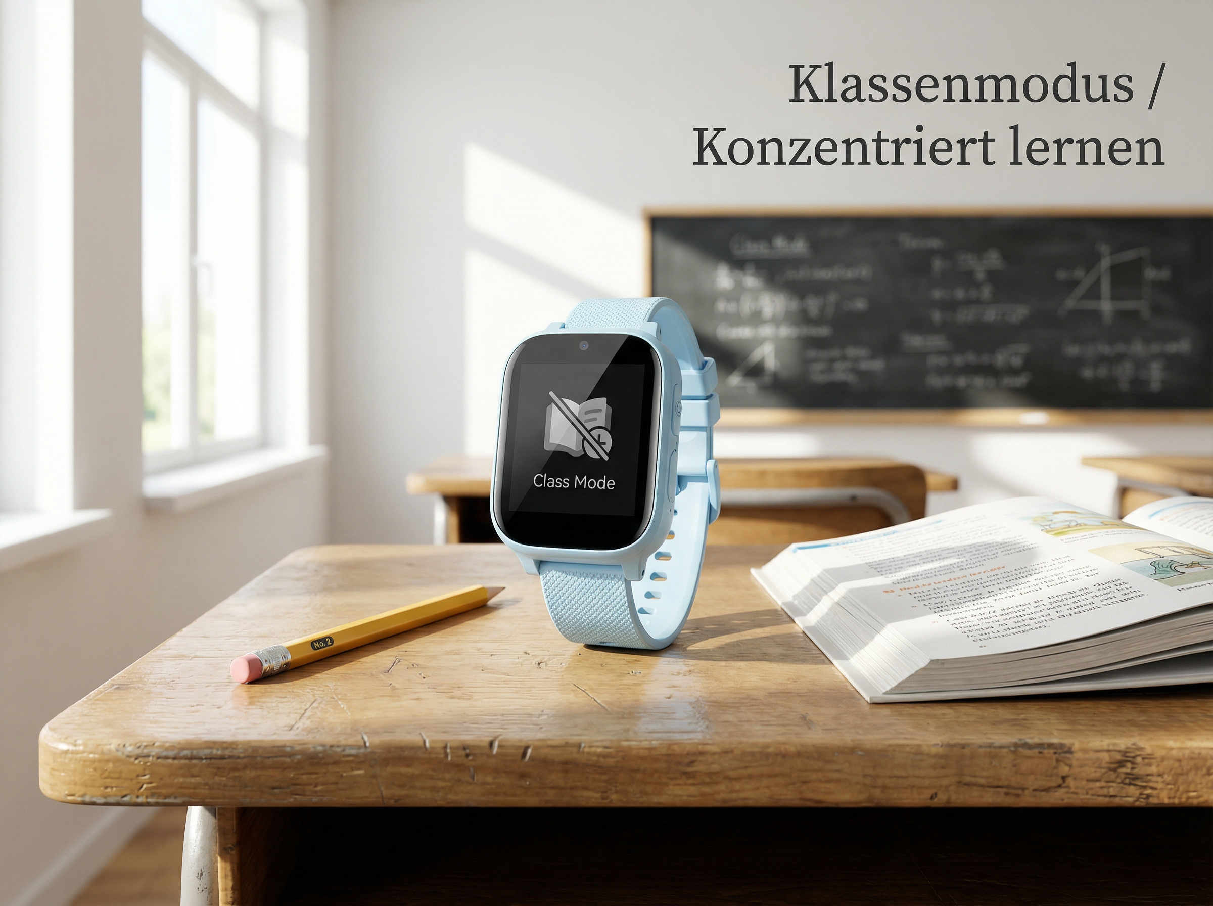 Blaue Smartwatch im Klassenzimmer zeigt 'Class Mode'. Stift & Buch liegen auf Tisch.