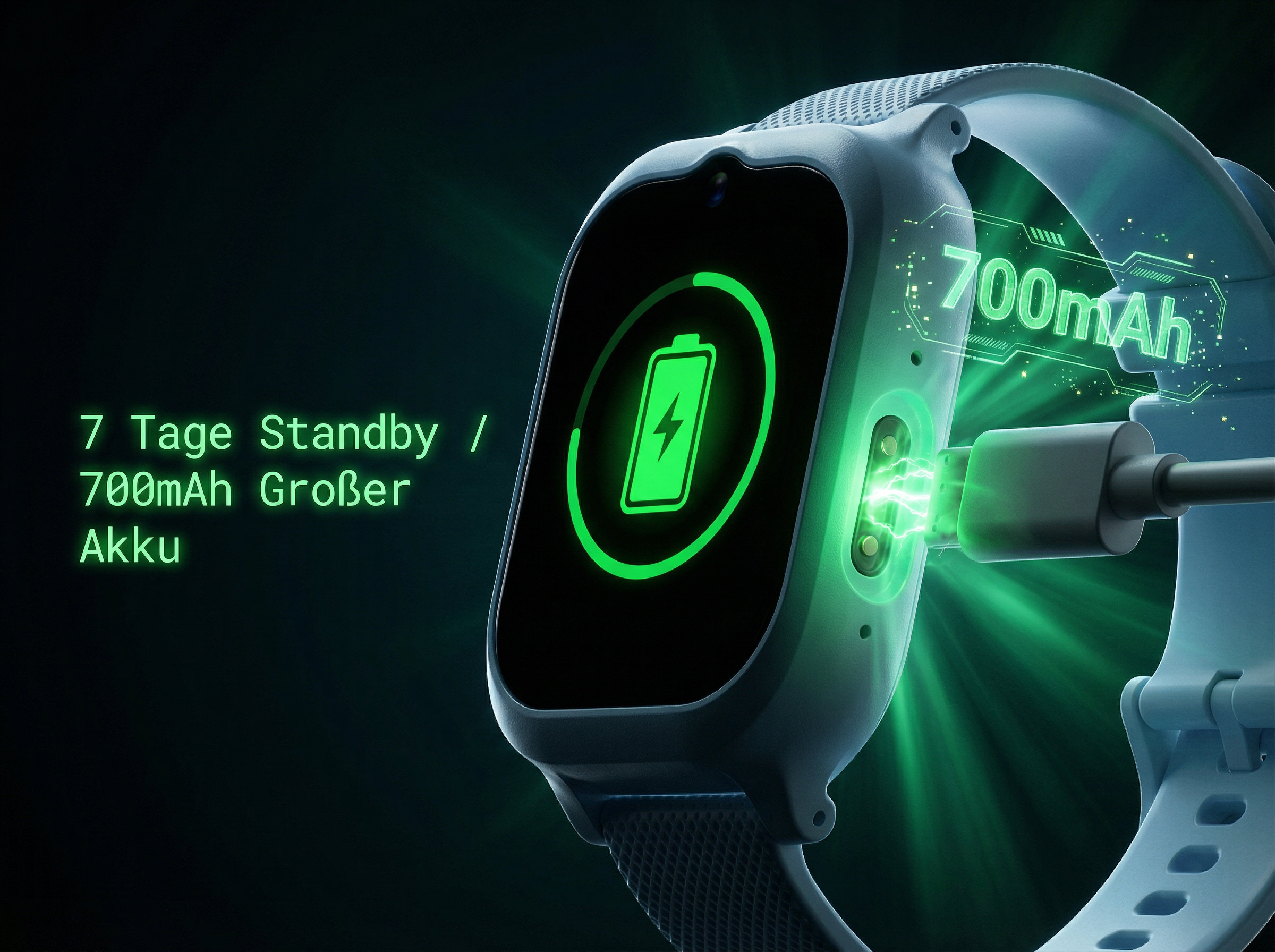 Eine Smartwatch wird geladen, mit 700mAh Akku und 7 Tage Standby.