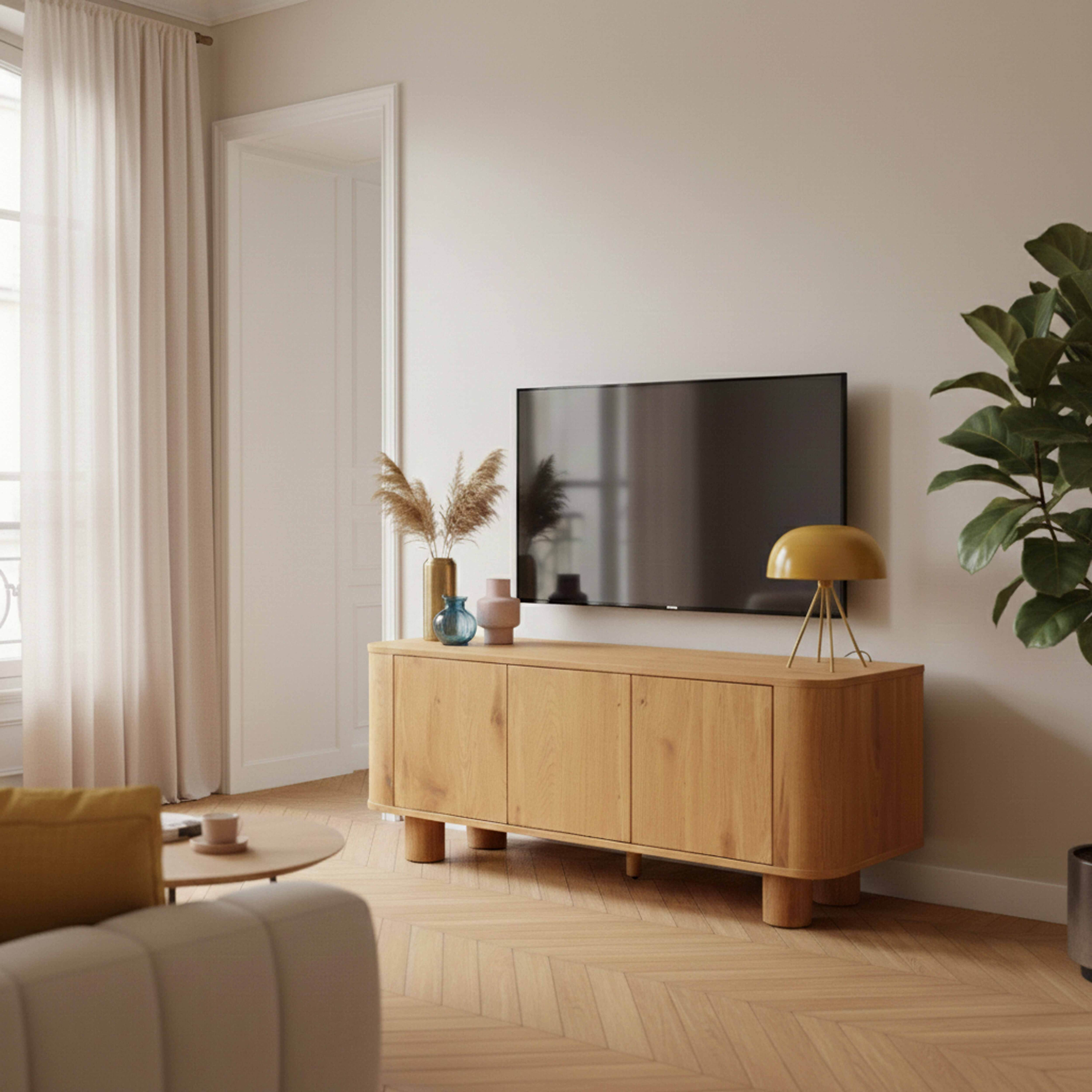 Modernes Wohnzimmer mit TV über einem Holzschrank, Lampe und Pflanze.