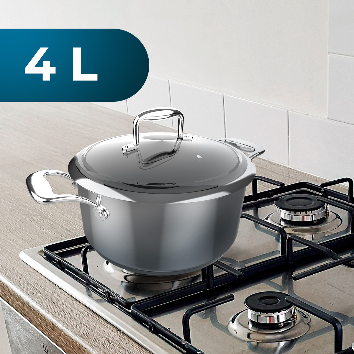 Una olla plateada con tapa en una estufa de gas. A la izquierda dice 4 L.