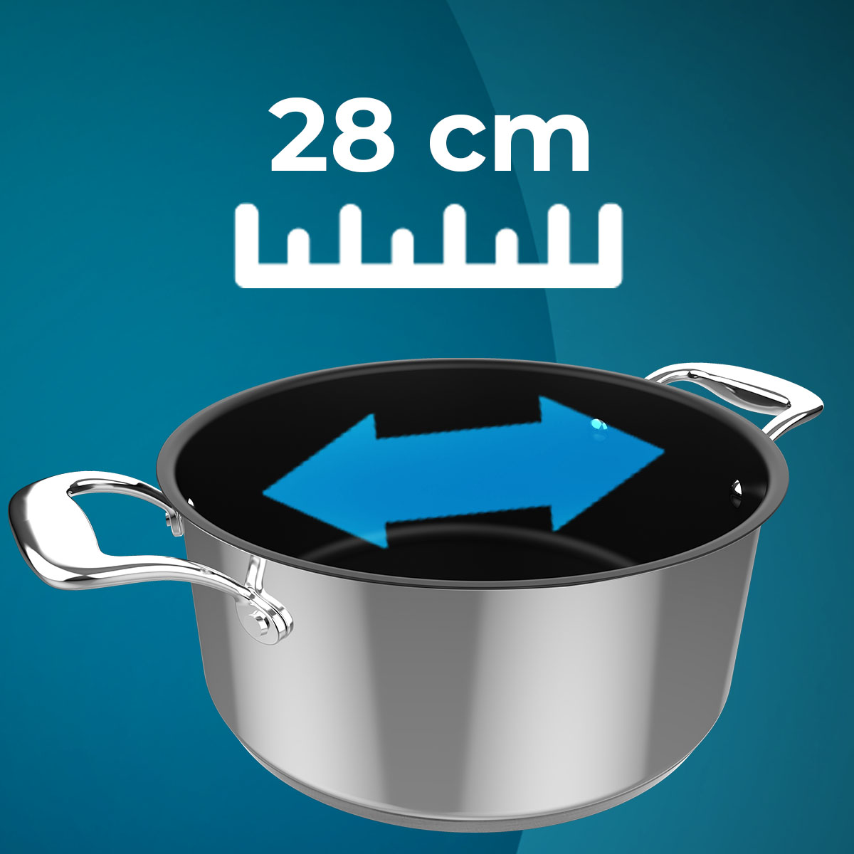 Una olla plateada de 28 cm y una flecha azul.