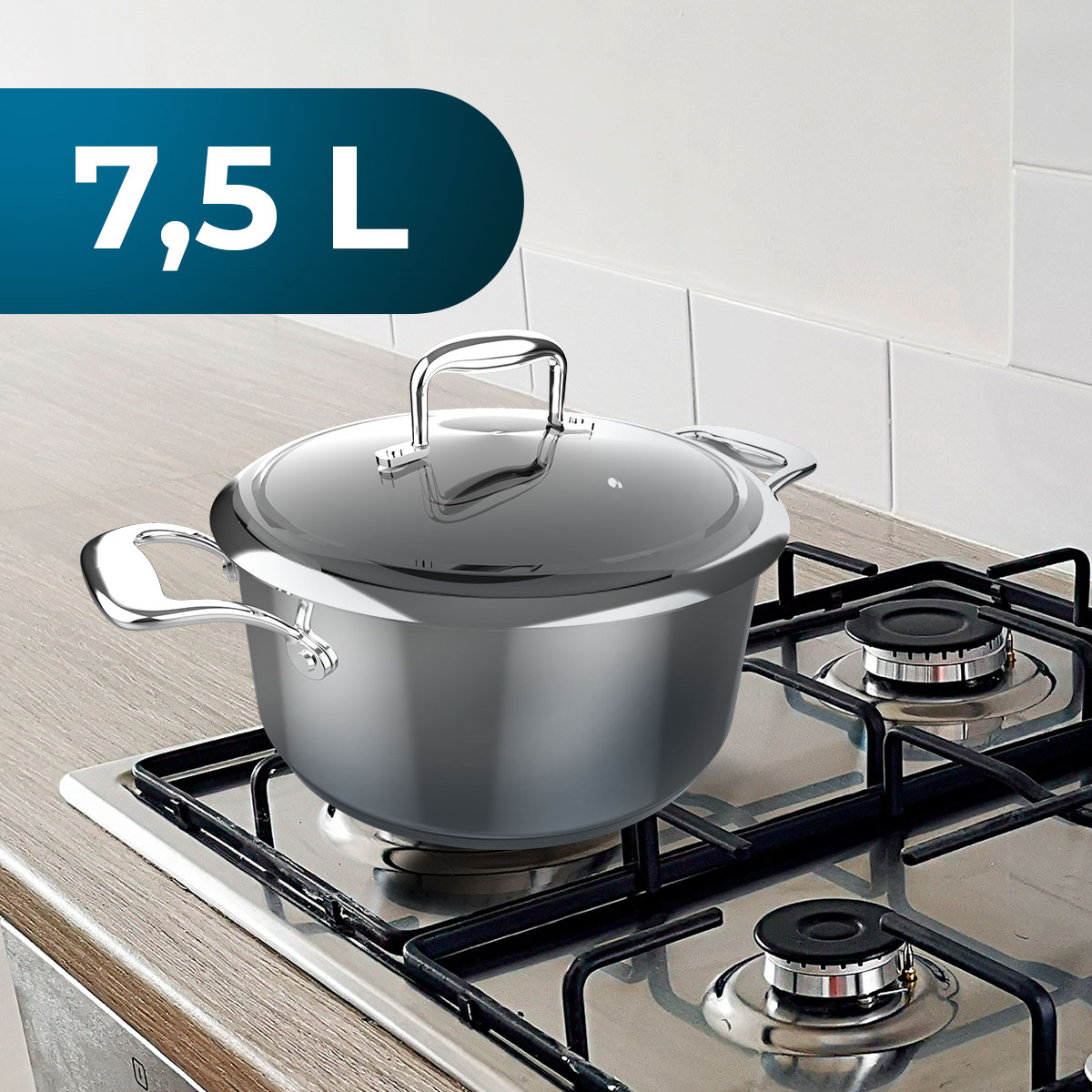 Olla de acero inoxidable con tapa sobre cocina de gas con dos quemadores.