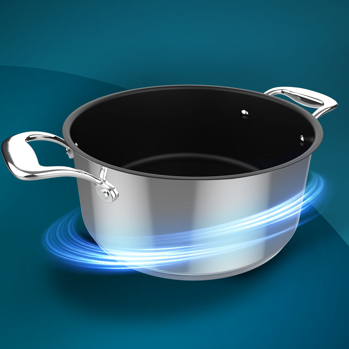 Una olla plateada con asas negras sobre fondo azul con efectos de luz.