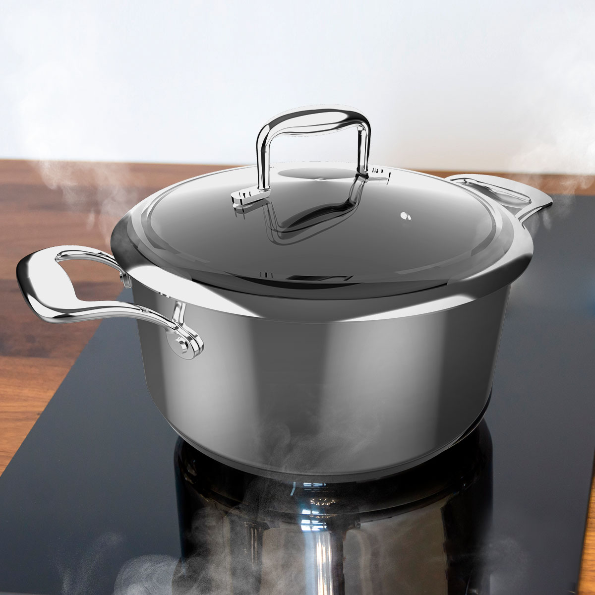 Una olla brillante con tapa humea en una estufa.