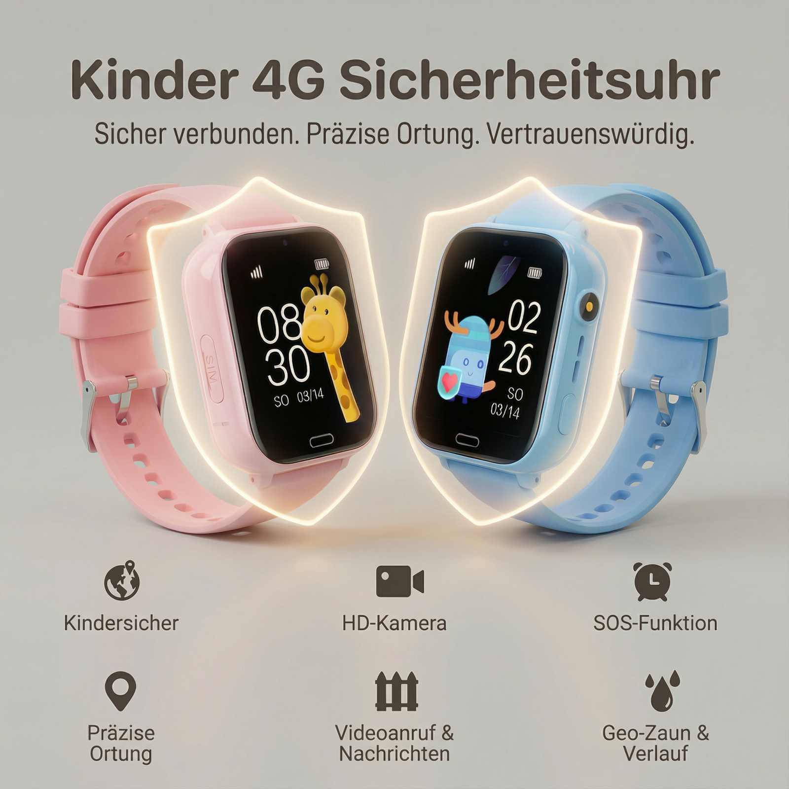 Zwei Kinder-Smartwatches, rosa und blau, mit Tier-Icons auf dem Display.